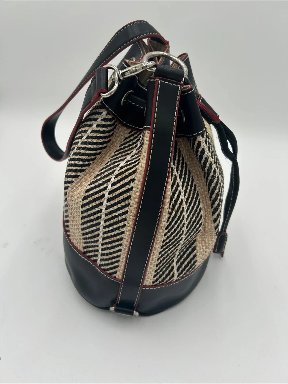 Y2K Tommy Hilfiger Black Natural/Red Straw Leather Bucket Bag Matching‎ Eye Case